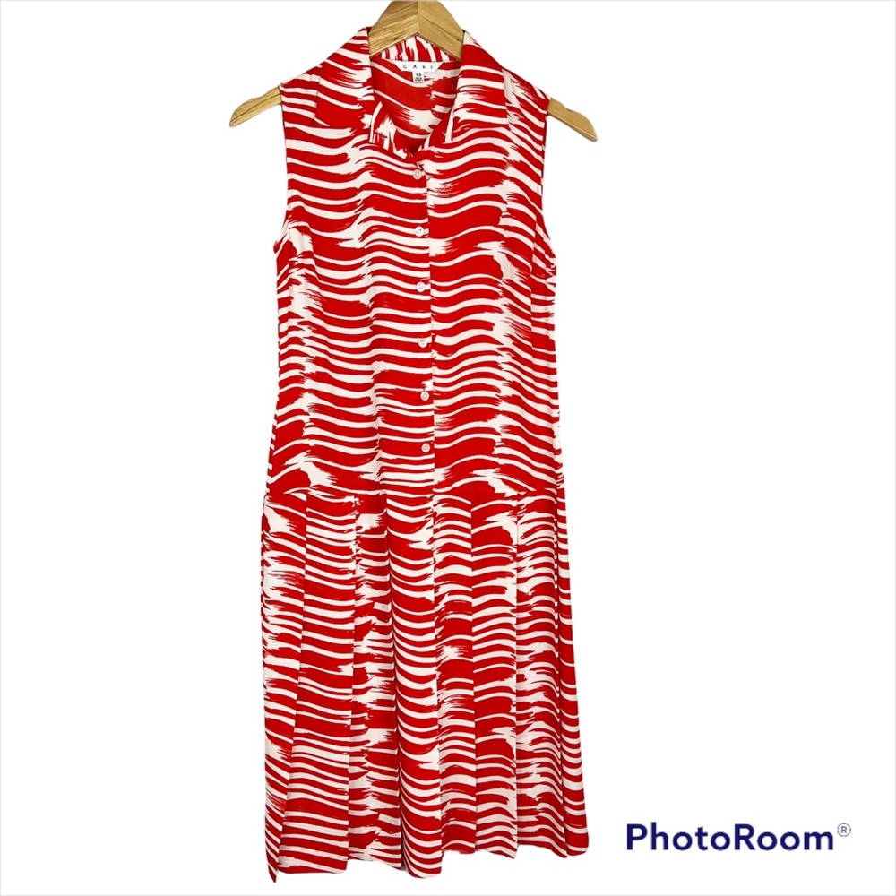 EUC CAbi Orange Red Pleated Brushstroke Dress